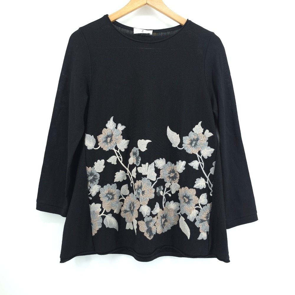Whyci Milano Women Black 100% Wool Long Sleeve Floral Embroidered Size 46 Italy